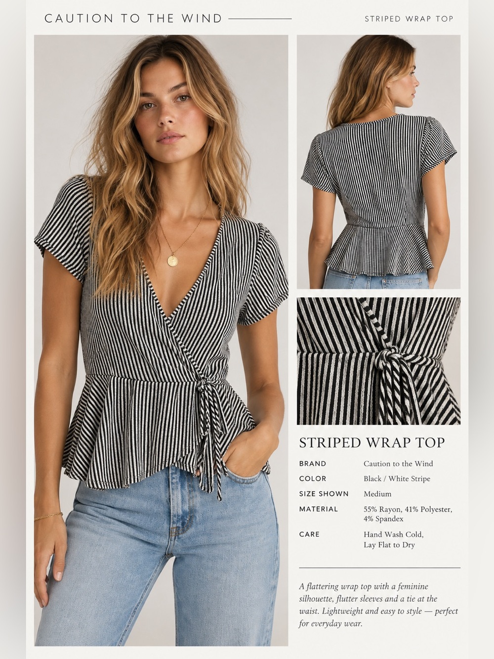 Caution To The Wind Black & White Striped Wrap Blouse